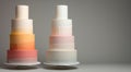 Advertising shot of two multi layered wedding cakes, decorated with colorful cream, isolated on gray background