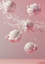 Advertising shot, white creamy ice cream balls with sugar and different additives flying on light pink background Royalty Free Stock Photo