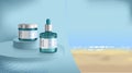 Advertising for sunscreen cream and spray. Cosmetic tube and realistic bottle at beach and sea. Branding and packaging design temp