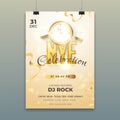 Advertising template or flyer design with clock, wine glass and event details for NYE.