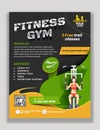 Advertising template or flyer design with venue details and illustration of woman exercising from lat machine.
