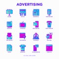 Advertising thin line icons set: billboard, street ads, newspaper, magazine, product promotion, email, GEO targeting, social media Royalty Free Stock Photo