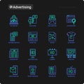 Advertising thin line icons set: billboard, street ads, newspaper, magazine, product promotion, email, GEO targeting, social media
