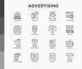 Advertising thin line icons set: billboard, street ads, newspaper, magazine, product promotion, email, GEO targeting, social media