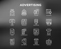 Advertising thin line icons set: billboard, street ads, newspaper, magazine, product promotion, email, GEO targeting, social media Royalty Free Stock Photo