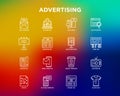 Advertising thin line icons set: billboard, street ads, newspaper, magazine, product promotion, email, GEO targeting, social media