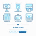 Advertising thin line icons set: billboard, street ads, newspaper, TV, internet. Vector illustration