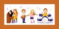 Advertisment Of Music Classes For Children Concept. Happy Talented Children Play Percussion, Piano, Violin, Guitar. Kids Royalty Free Stock Photo