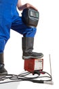 The advertizing image of a lower body of the worker with the welding tool. Royalty Free Stock Photo