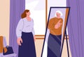 Advice from the future. Young woman stand in room and look at mirror self reflection in old age. Grandmother support Royalty Free Stock Photo