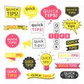 Advice, quick tips, helpful tricks and suggestions logos, emblems and banners isolated on white.