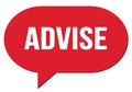 ADVISE text written in a red speech bubble