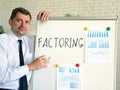 Adviser talks about factoring on the presentation. Royalty Free Stock Photo