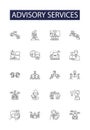 Advisory services line vector icons and signs. Consulting, Counseling, Facilitating, Mentoring, Guiding, Directing