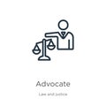 Advocate icon. Thin linear advocate outline icon isolated on white background from law and justice collection. Line vector Royalty Free Stock Photo