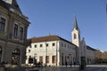 Ady Endre High School with Church Ursulinelor building from Republicii Avenue of Oradea City in Romania.