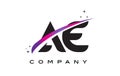 AE A D Black Letter Logo Design with Purple Magenta Swoosh