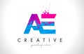 AE A D Letter Logo with Shattered Broken Blue Pink Texture Design Vector.