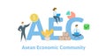 AEC, Asean Economics Community. Concept with keywords, letters and icons. Flat vector illustration. Isolated on white
