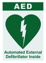 AED Automated External Defibrillator Inside On Site Text, Green Icon, White Sign Sticker Label Isolated Vertical Royalty Free Stock Photo