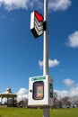 AED Automated external defibrillator placed at a public park. Heart and arrow sign on top. Vertical picture. Adelaide, Australia