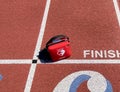 AED defribrillator at the finish line of a track Royalty Free Stock Photo