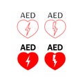 AED icon set. Red heart with sign electricity symbol. Sign automated external defibrillator vector flat Royalty Free Stock Photo
