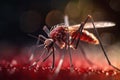 Aedes mosquito that carries dengue fever, Zika virus is sucking blood on a person\'s skin. Generative Ai