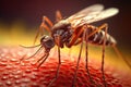 Aedes mosquito that carries dengue fever, Zika virus is sucking blood on a person\'s skin. Generative Ai