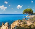 Aegean sea coast landscape with aquamarine water, view near Mega Portokali Beach Sithonia, Chalkidiki, Greece Royalty Free Stock Photo