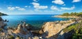 Aegean sea coast landscape evening view near Mega Portokali Beach Sithonia, Chalkidiki, Greece. People are unrecognizable Royalty Free Stock Photo