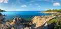 Aegean sea coast landscape evening view near Mega Portokali Beach Sithonia, Chalkidiki, Greece. People are unrecognizable Royalty Free Stock Photo