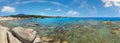 Aegean sea coast landscape, panorama view near Karidi beach Chalkidiki, Greece. People are unrecognizable Royalty Free Stock Photo