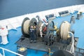 Aegean Sea, Greece/ July 17, 2018: Seaman working on foredeck of Royalty Free Stock Photo