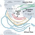 Aegean Sea Plate, also Aegean or Hellenic Plate, gray tectonic map