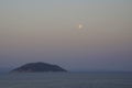 Aegean Sea in September after sunset. Moon and soaring seagull. Isle. Royalty Free Stock Photo