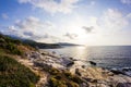 Aegean seashore and marble rocks in Aliki, Thassos island, Greece Royalty Free Stock Photo