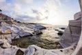 Aegean seashore and marble rocks in Aliki, Thassos island, Greece Royalty Free Stock Photo