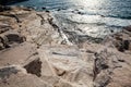 Aegean seashore and marble rocks in Aliki, Thassos island, Greece Royalty Free Stock Photo