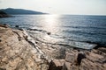 Aegean seashore and marble rocks in Aliki, Thassos island, Greece Royalty Free Stock Photo