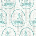 Aegean teal sailboat linen nautical seamless background with wave texture. Summer coastal living style home decor