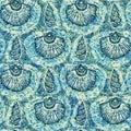 Aegean Teal seashell nautical sealife seamless pattern. Grunge distress faded linen effect background for marine home