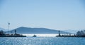 Aegina island port entrance with the chapel of Agios Nicolaos in view