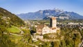 Aeiral panorama image of the medieval castle in Sargans built in 1282, Royalty Free Stock Photo
