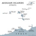 Aeolian Islands, north of Sicily, Italy, gray political map Royalty Free Stock Photo