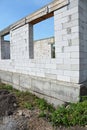 Aerated concrete blocks house wall construction with foundation without waterproofing and windows concrete lintels Royalty Free Stock Photo