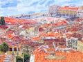 Aeria view over Lisbon capital of Portugal. Water color illustration