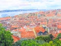 Aeria view over Lisbon capital of Portugal. Water color illustration