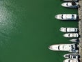 Aerial panoramic view of Balaklava landscape with boats and sea in marina bay. Crimea Sevastopol tourist attraction