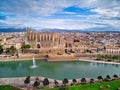 Aerial above drone view Palma de Mallorca Cathedral was built on a cliff rising out of the sea. Picturesque panorama Majorca city Royalty Free Stock Photo